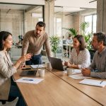 Équipe multiculturelle en réunion autour d'une table de bureau moderne, illustrant la diversité au travail