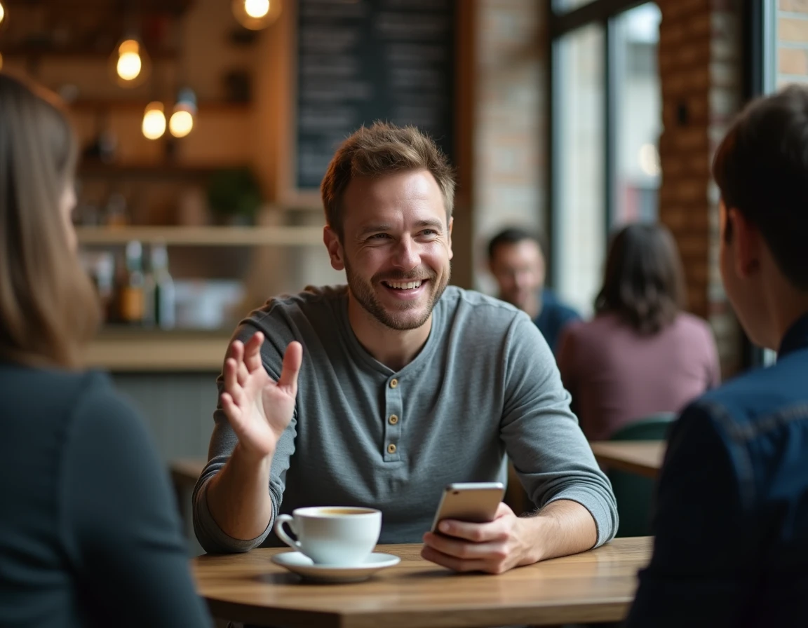 Homme pratiquant l'espagnol lors d'un échange linguistique dans un café, avec une application de conjugaison ouverte