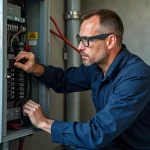 Électricien examinant les symboles de disjoncteurs sur un tableau électrique résidentiel ouvert