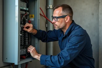 Électricien examinant les symboles de disjoncteurs sur un tableau électrique résidentiel ouvert