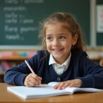 Jeune fille française écrit sur un cahier à l'école