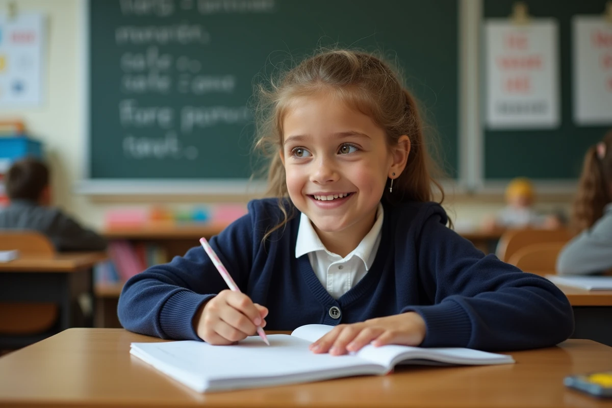 Jeune fille française écrit sur un cahier à l'école