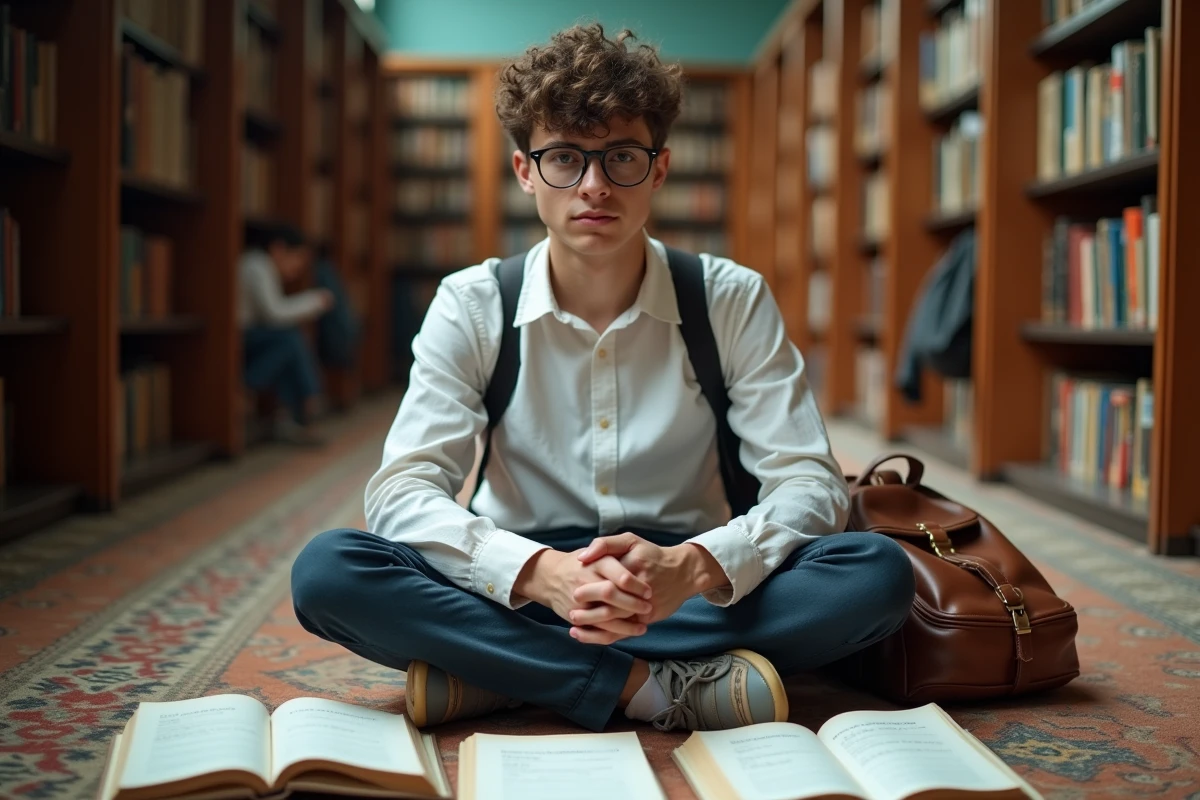 Élève de lycée étudiant le subjonctif imparfait espagnol entouré de livres de grammaire dans une bibliothèque