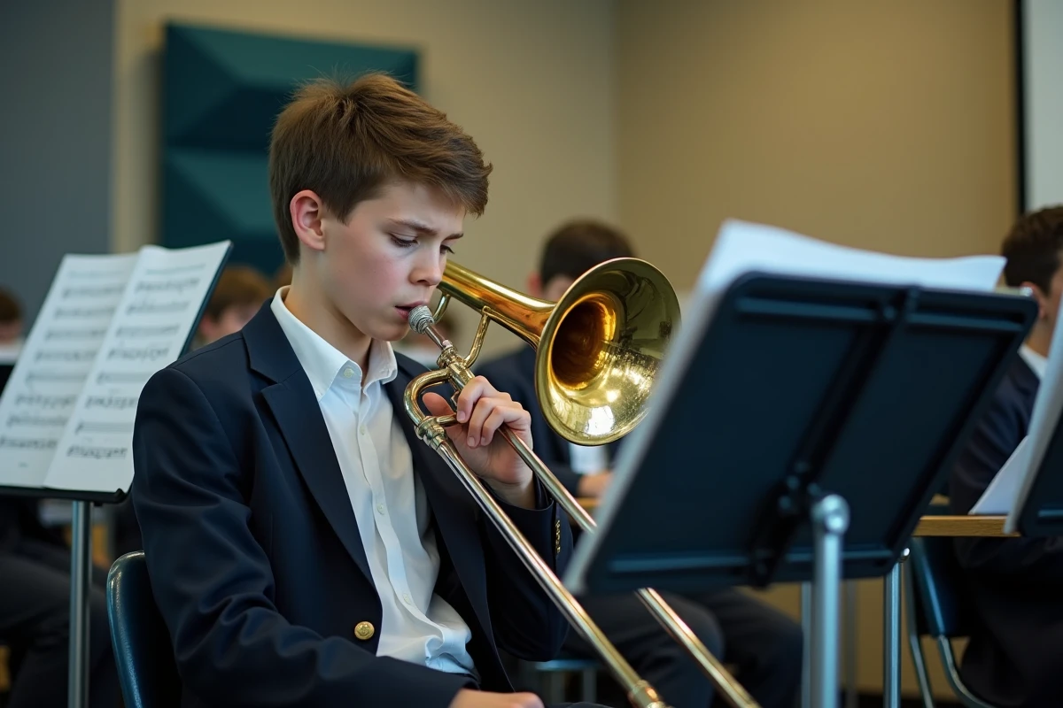 Adolescent jouant du trombone dans une salle de répétition scolaire, visage perplexe face à une partition en clef de fa