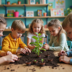 Enfants plantant des semis dans une classe colorée