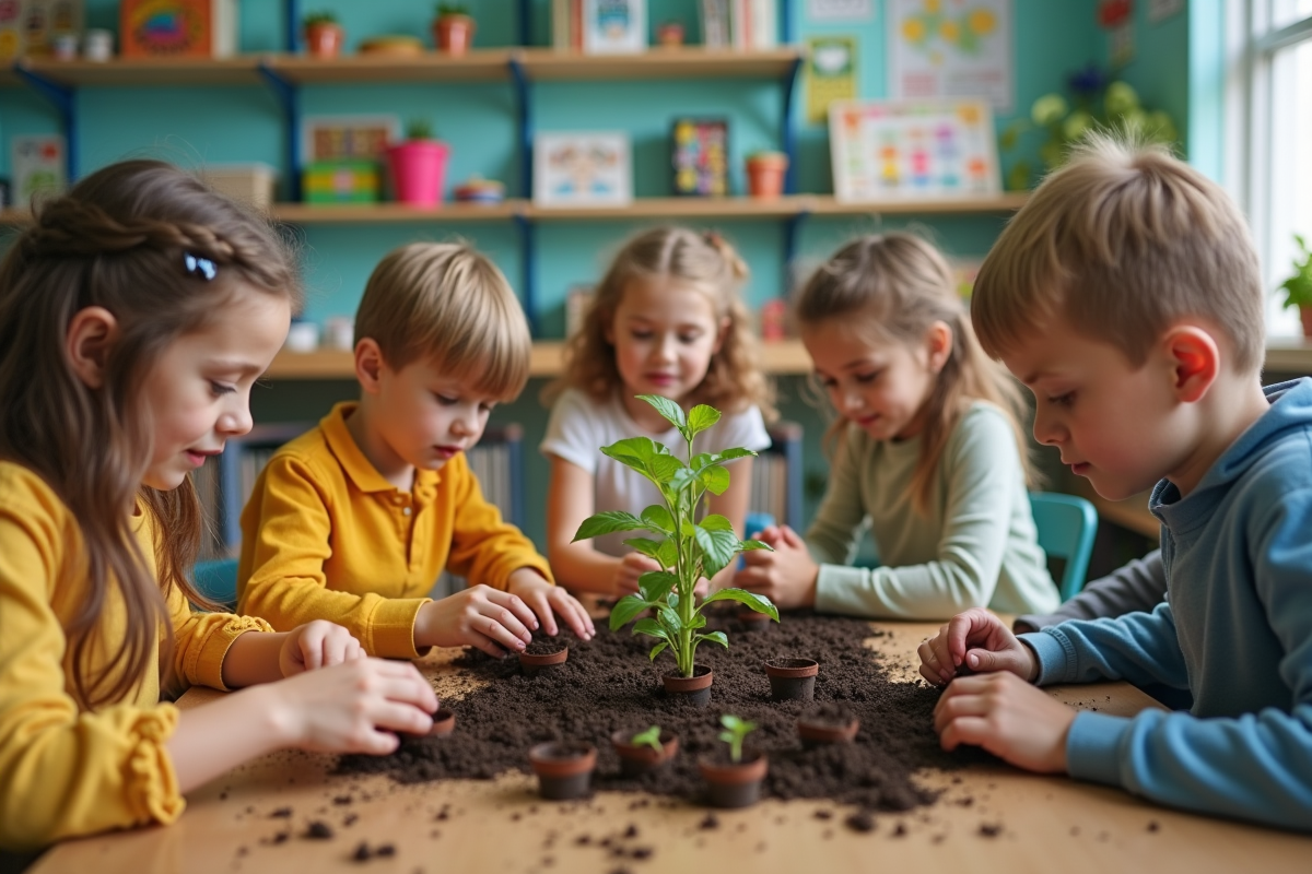 Enfants plantant des semis dans une classe colorée