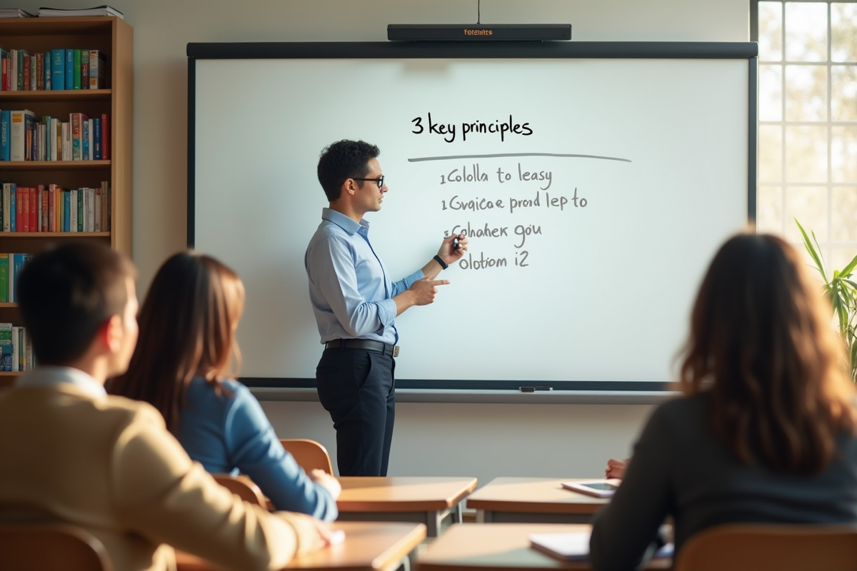 Enseignant écrivant trois principes clés sur un tableau blanc en classe