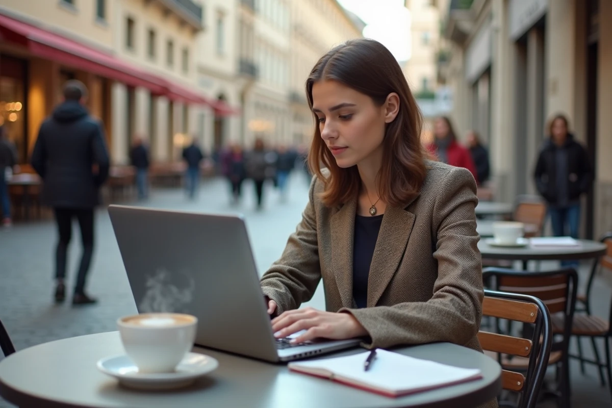 Jeune enseignante au café dans une ville européenne