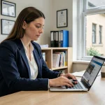 Enseignante contractuelle consultant son profil IProf Versailles sur un ordinateur dans un bureau administratif scolaire