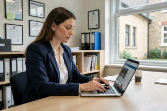 Enseignante contractuelle consultant son profil IProf Versailles sur un ordinateur dans un bureau administratif scolaire