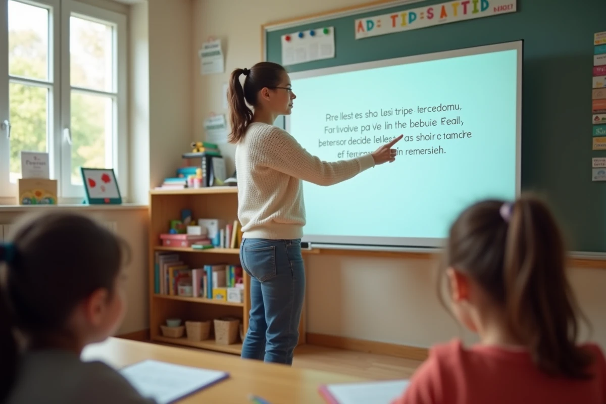 Enseignante pointant une dictée avec des élèves attentifs
