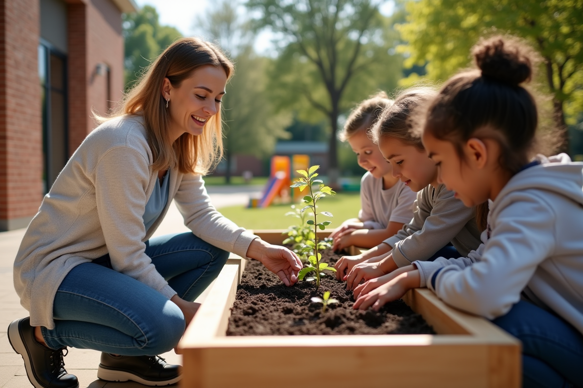 Professeure montrant la plantation dans la cour scolaire