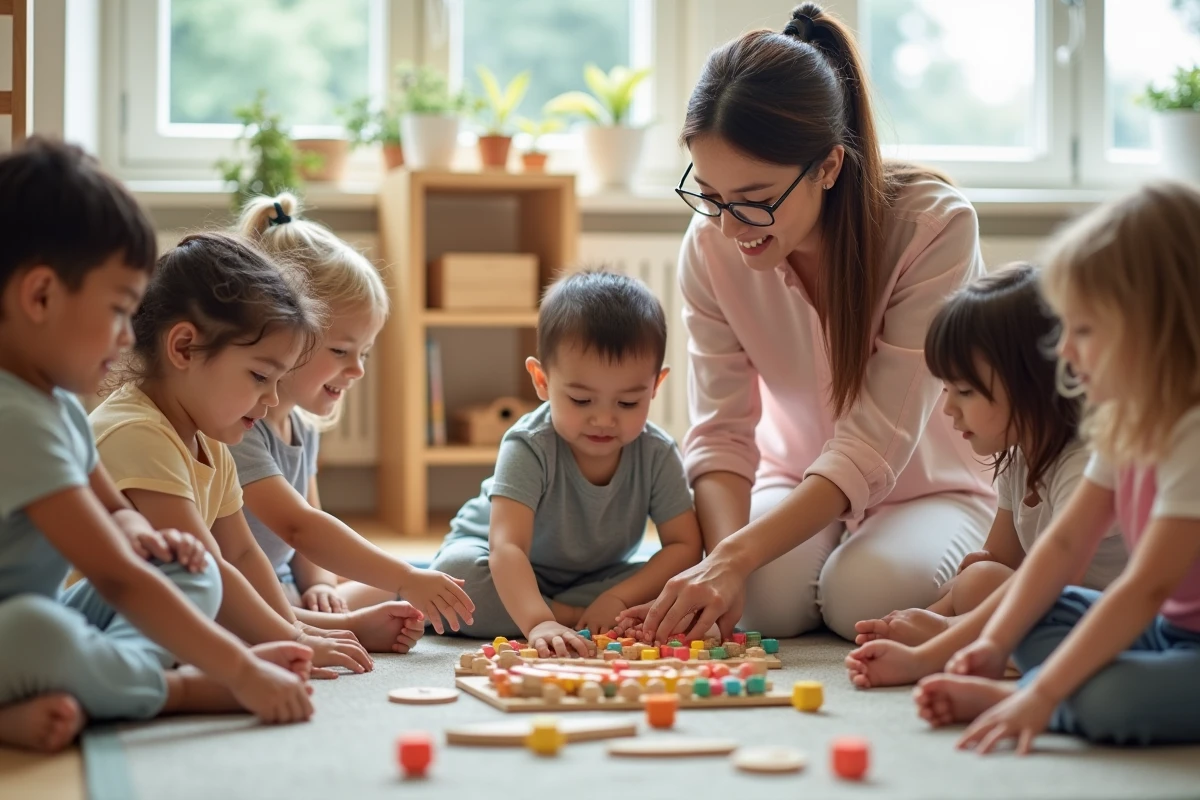 Enseignante guidant des enfants avec des perles de multiplication