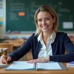 Femme en classe organisant des dossiers colorés