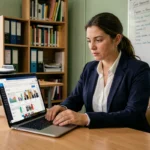 Enseignante consultant le portail métier 76 sur son ordinateur portable dans une salle administrative scolaire