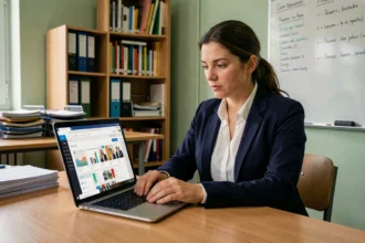 Enseignante consultant le portail métier 76 sur son ordinateur portable dans une salle administrative scolaire