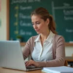 Professeure concentrée sur son ordinateur en classe