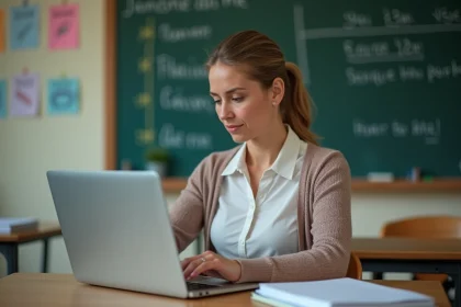 Professeure concentrée sur son ordinateur en classe