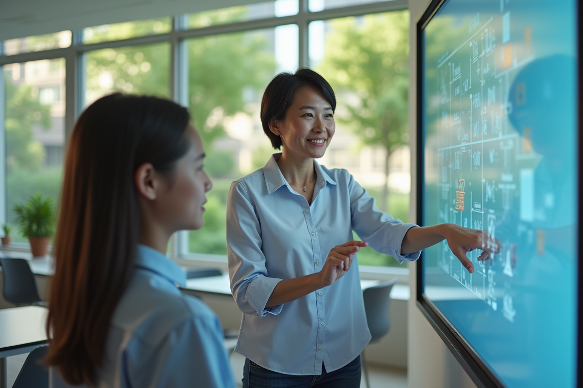 Professeure guidant un élève avec un écran interactif
