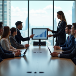 Groupe de professionnels en réunion d'affaires avec graphique digital