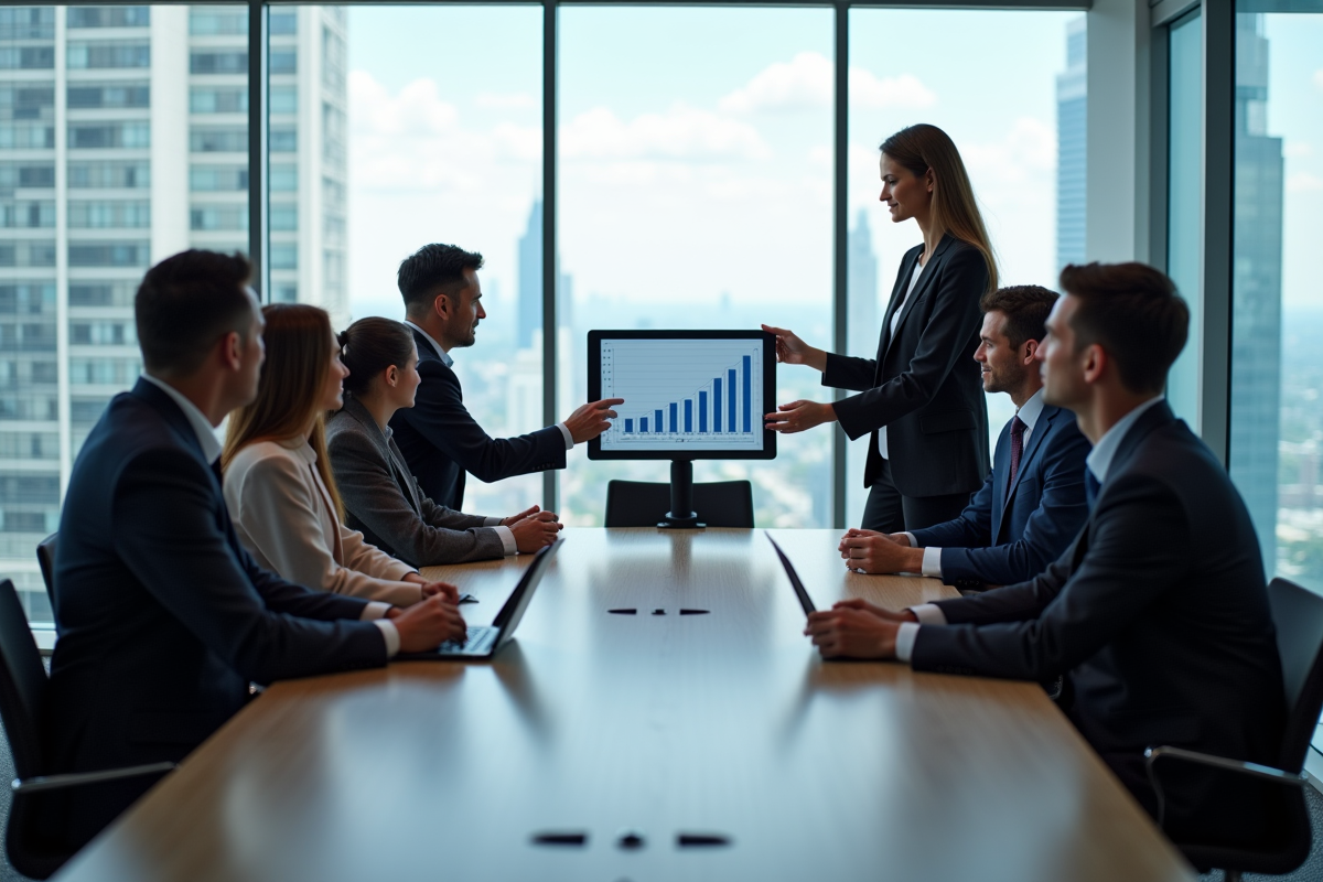 Groupe de professionnels en réunion d'affaires avec graphique digital