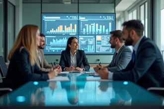 Equipe de conseillers en réunion avec tableaux de bord numériques