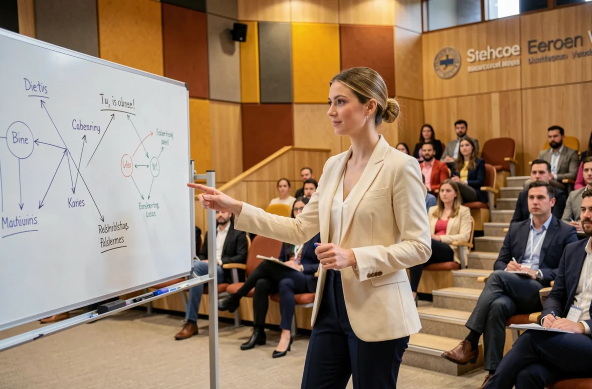 Étudiante en alternance présentant un projet dans l'amphithéâtre de l'ESCP Business School