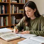 Jeune femme étudiant la conjugaison de l'imparfait espagnol avec des cahiers et grammaires ouverts sur un bureau en bois