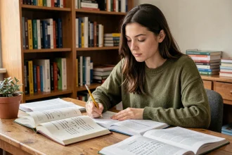 Jeune femme étudiant la conjugaison de l'imparfait espagnol avec des cahiers et grammaires ouverts sur un bureau en bois