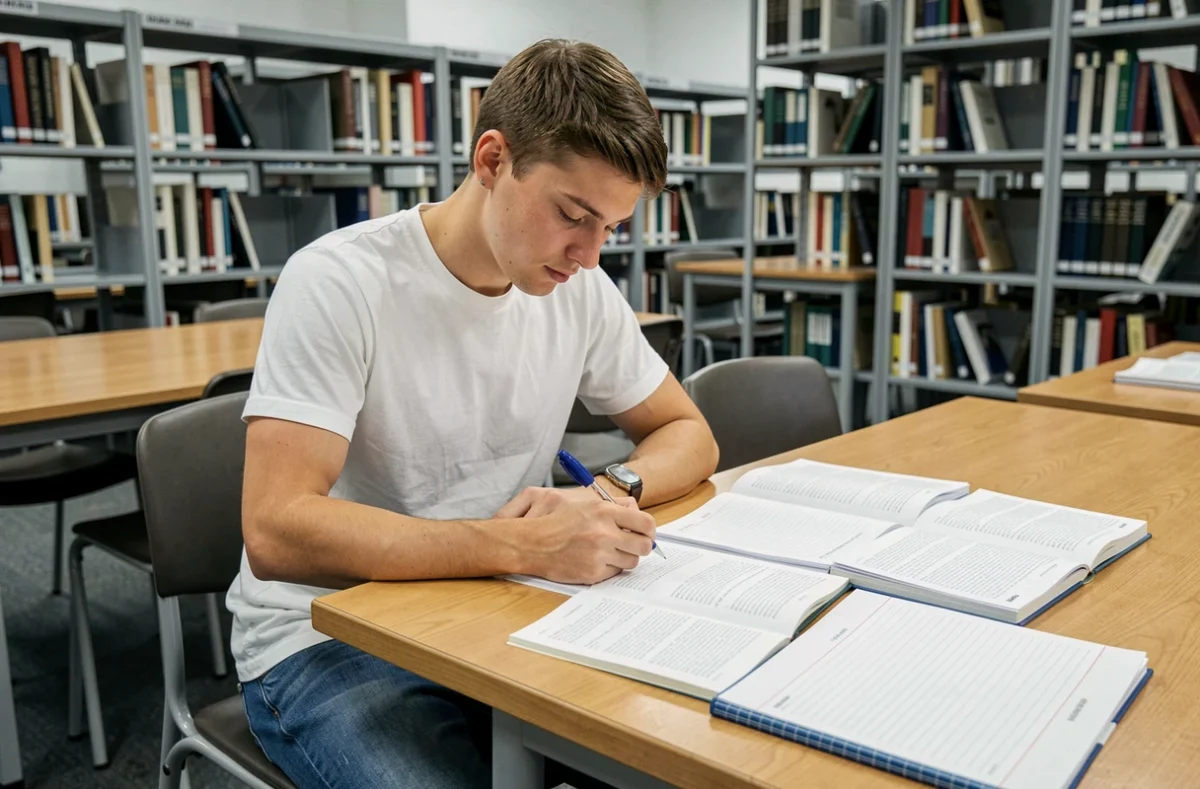 Étudiant en bibliothèque annotant des feuilles seyes avec marges pour prise de notes lors d'une révision universitaire
