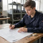 Étudiant en CAP électricité étudiant un schéma électrique annoté au crayon dans un atelier de formation professionnelle