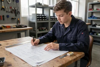 Étudiant en CAP électricité étudiant un schéma électrique annoté au crayon dans un atelier de formation professionnelle