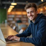 Étudiant en école d'ingénieurs consultant le portail LISE ENSAM sur son ordinateur portable dans une bibliothèque universitaire moderne