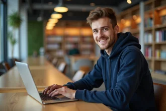 Étudiant en école d'ingénieurs consultant le portail LISE ENSAM sur son ordinateur portable dans une bibliothèque universitaire moderne