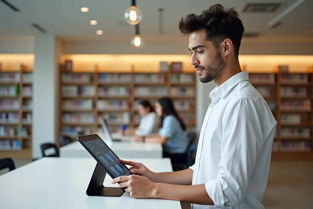 Étudiant de première année ESME consultant l'application My Digital Campus sur une tablette dans une bibliothèque universitaire moderne