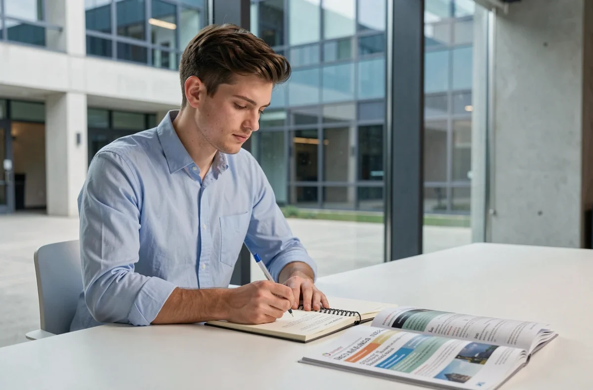 Étudiant en ingénierie consultant un magazine de classement des grandes écoles près d'une fenêtre de campus