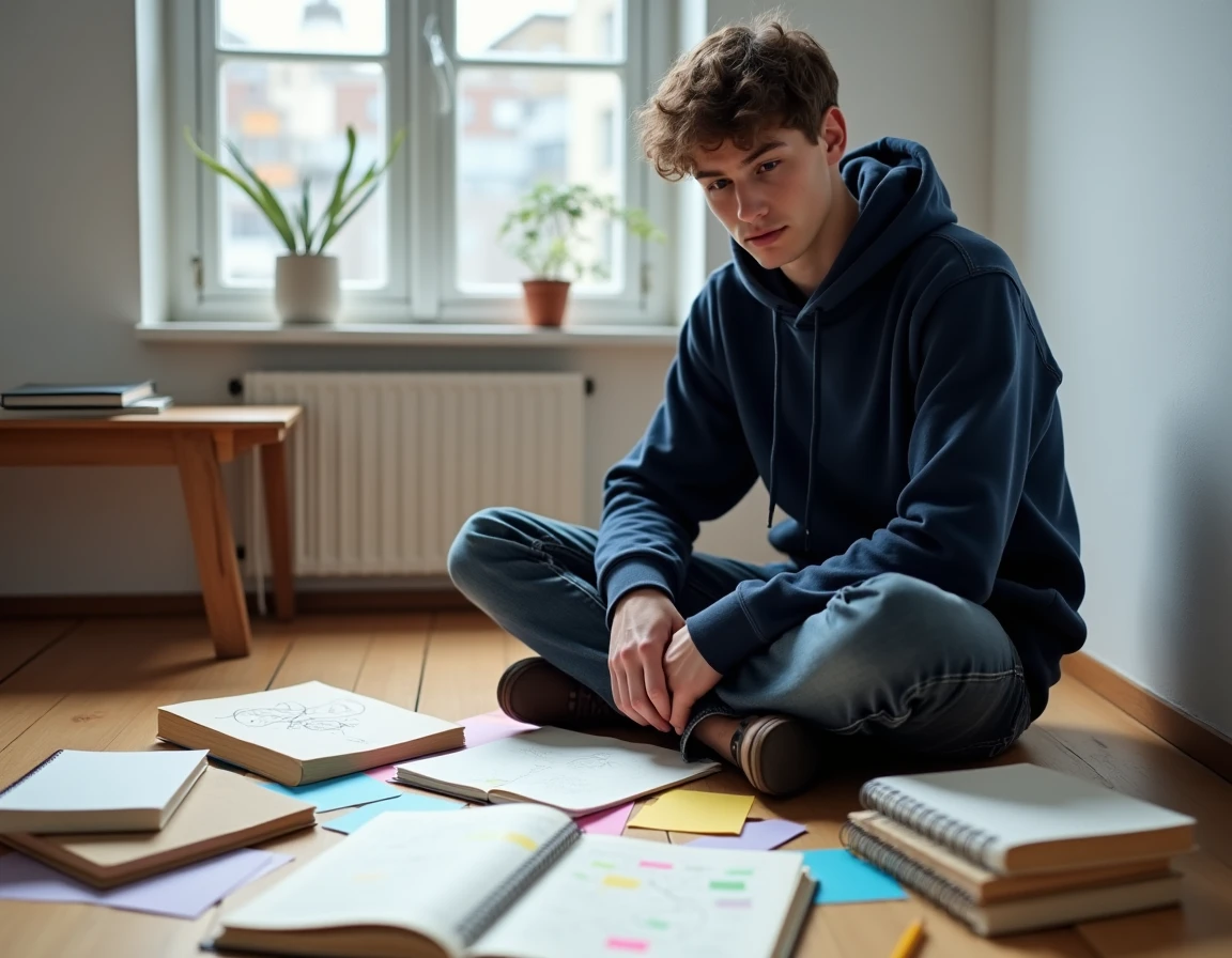 Étudiant préparant une dissertation de philosophie entouré de fiches et livres sur le sol de son appartement