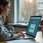 Étudiante frustrée tentant de récupérer son mot de passe oublié sur une plateforme universitaire en ligne
