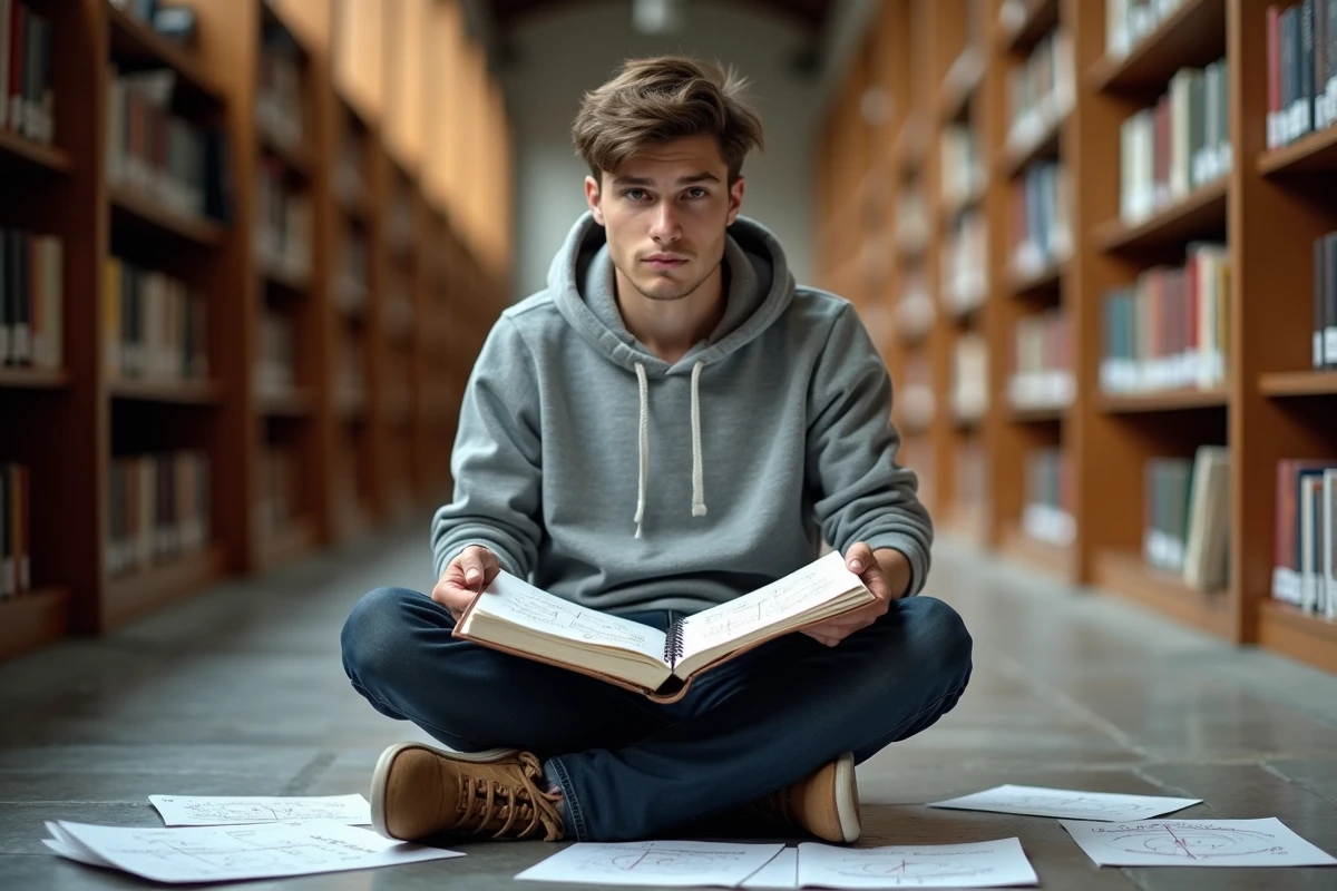 Étudiant en prépa scientifique révisant ses méthodes dans un cahier de prépa au sol d'une bibliothèque universitaire entouré de manuels
