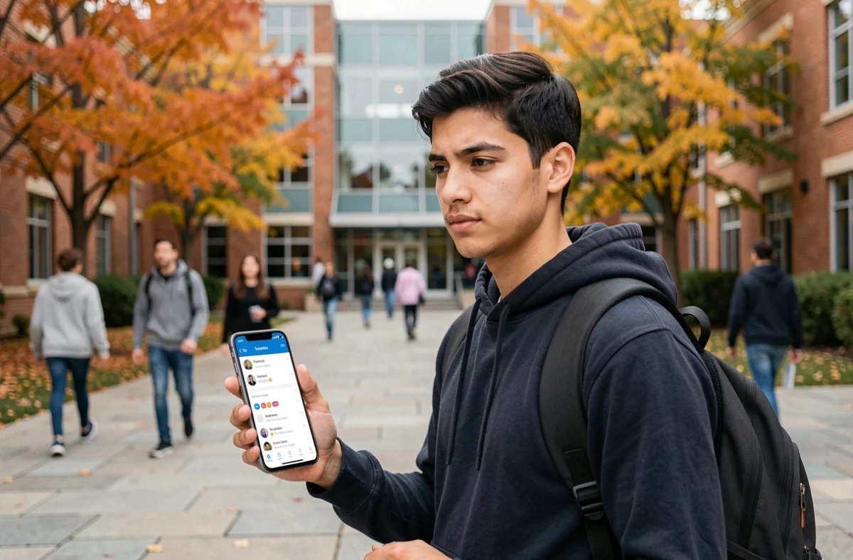 Étudiant consultant ses informations universitaires sur smartphone dans la cour d'un campus à l'automne