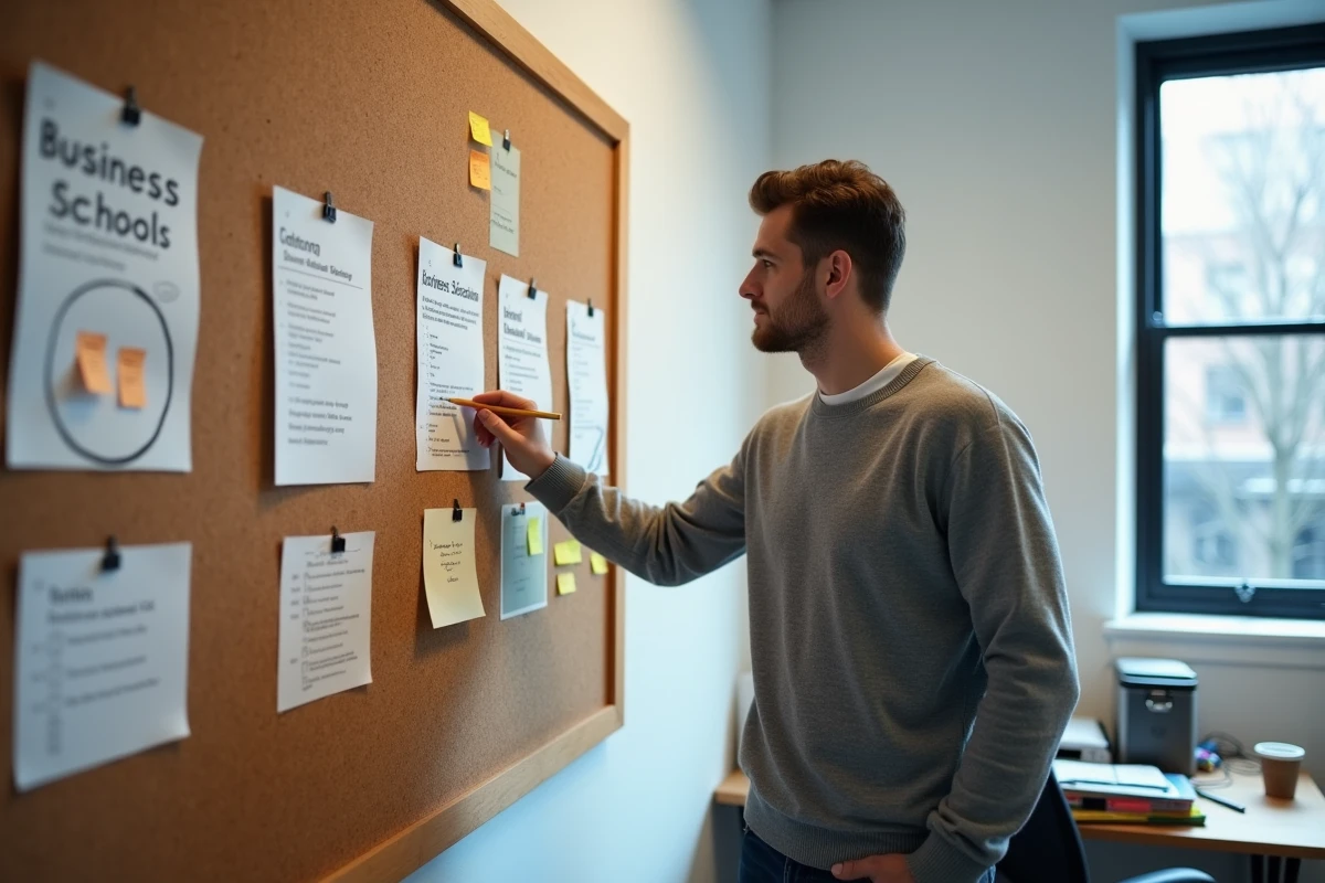 Étudiant hésitant devant un tableau de classements d'écoles de commerce avec des notes et des listes affichées