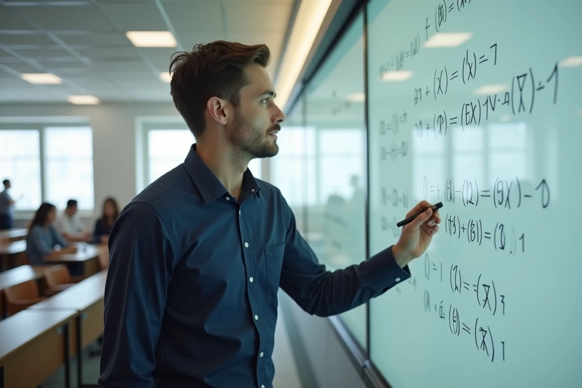 Étudiant masculin écrivant des équivalences mathématiques sur un tableau en verre dans une salle de cours universitaire moderne