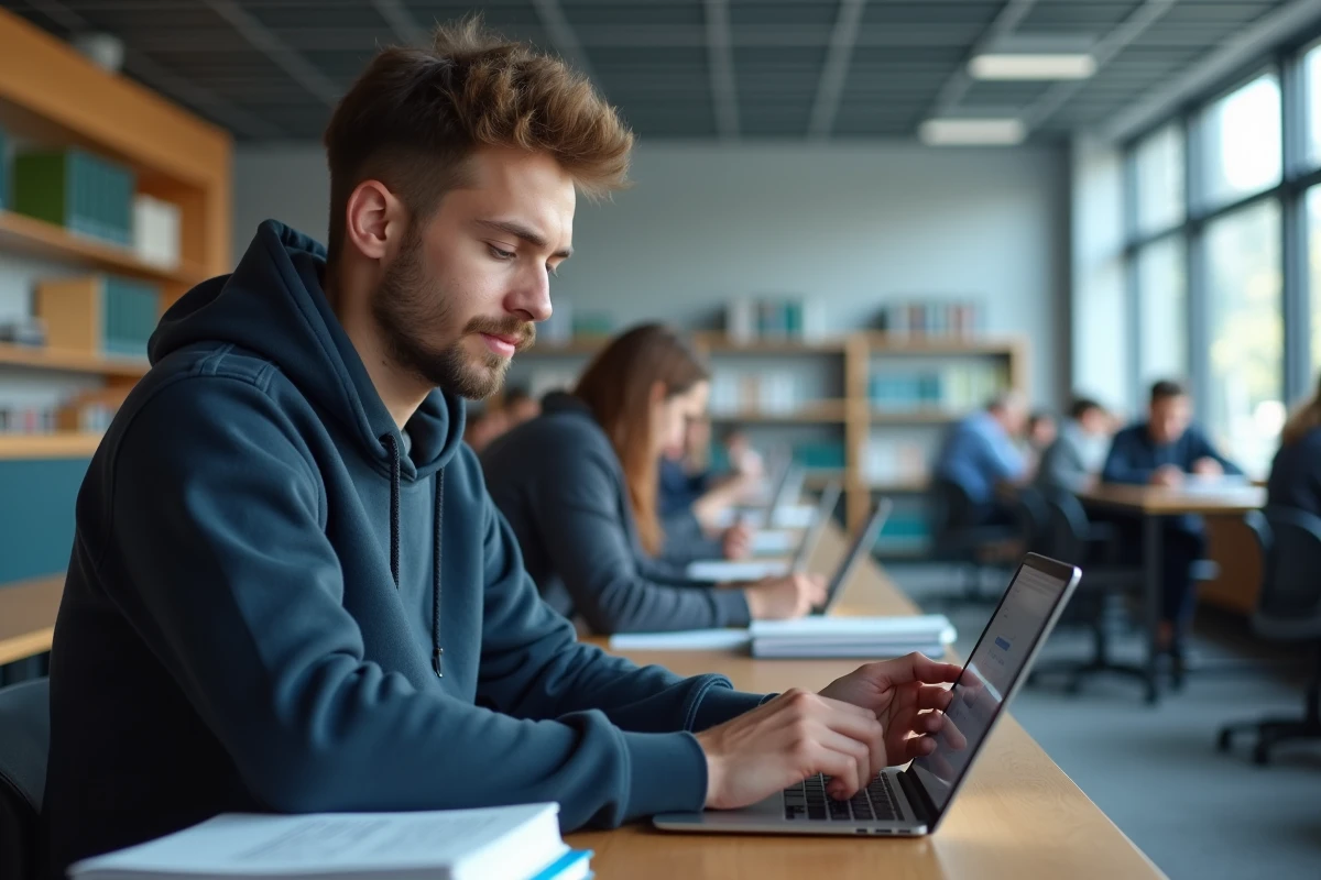 Jeune homme consultant ses cours sur une tablette dans une bibliothèque moderne