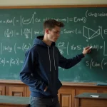 Étudiant en mathématiques devant un tableau noir rempli de formules trigonométriques sin cos en amphithéâtre universitaire