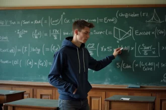 Étudiant en mathématiques devant un tableau noir rempli de formules trigonométriques sin cos en amphithéâtre universitaire
