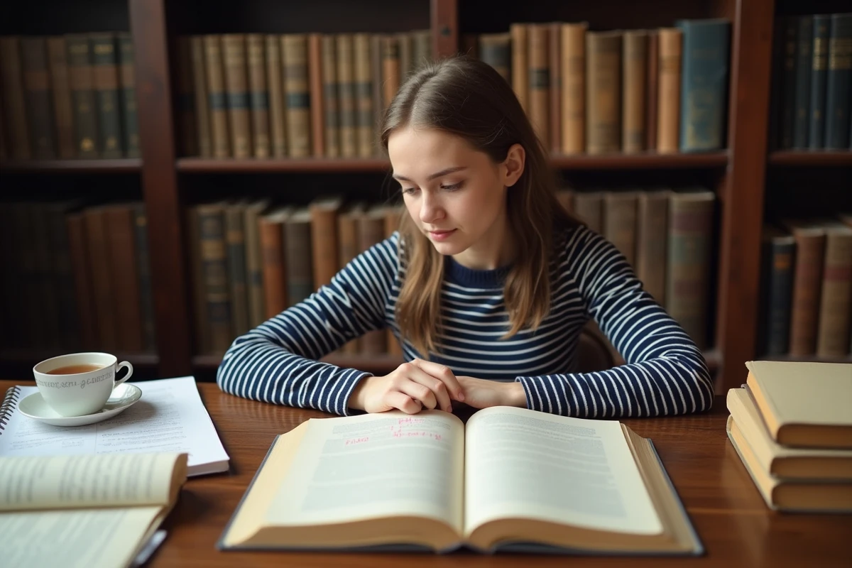 Étudiante analysant la structure d'une strophe de six vers sur des fiches annotées dans une bibliothèque universitaire