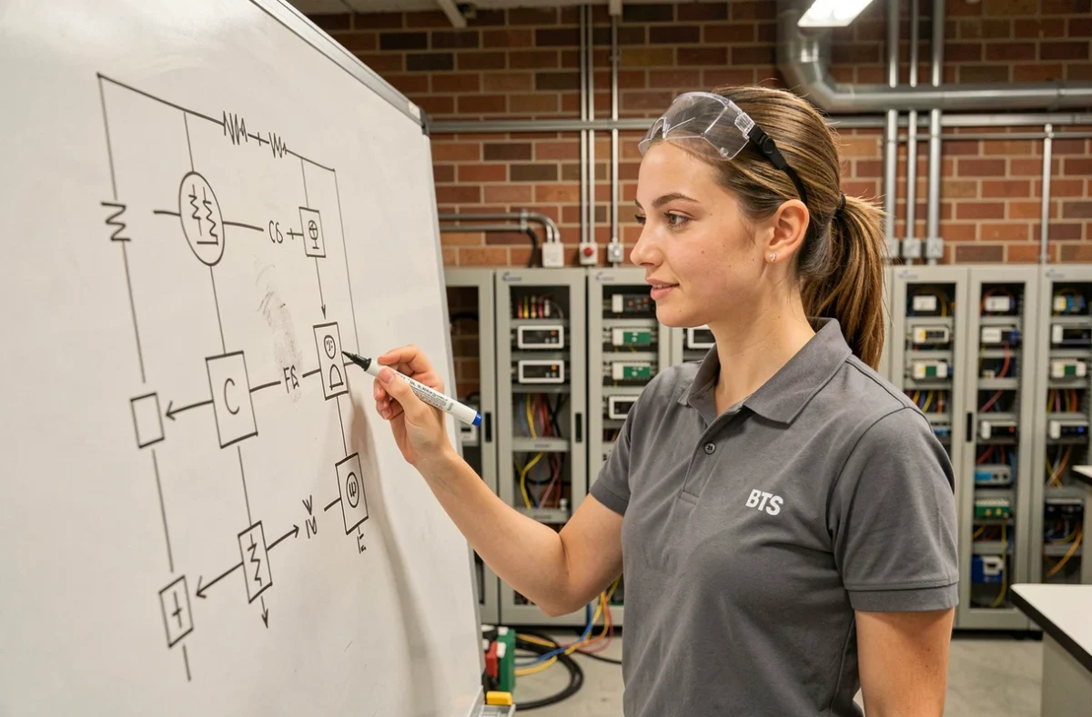 Étudiante en BTS électrotechnique expliquant des symboles électriques sur un tableau blanc dans un laboratoire de formation