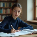 Étudiante en classe préparatoire scientifique prenant des notes dans un cahier de prépa à son bureau avec des manuels de mathématiques et de physique