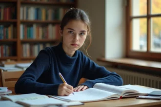 Étudiante en classe préparatoire scientifique prenant des notes dans un cahier de prépa à son bureau avec des manuels de mathématiques et de physique
