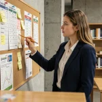 Étudiante analysant un tableau de classement des écoles d'ingénieurs dans un espace universitaire moderne